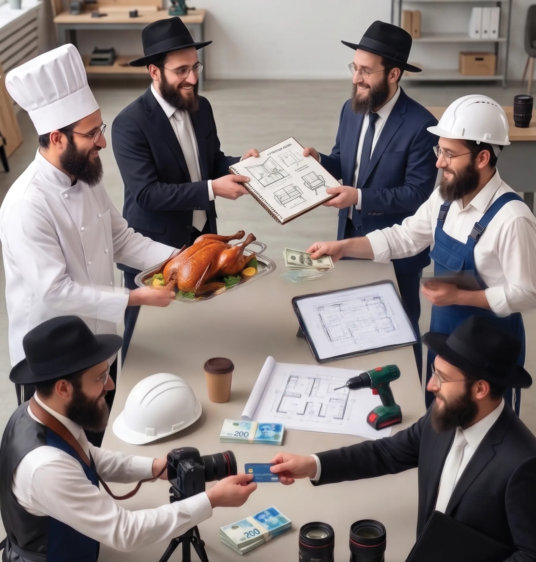שף, אדריכל, קבלן וצלם חב״דים סביב שולחן עסקים משותף