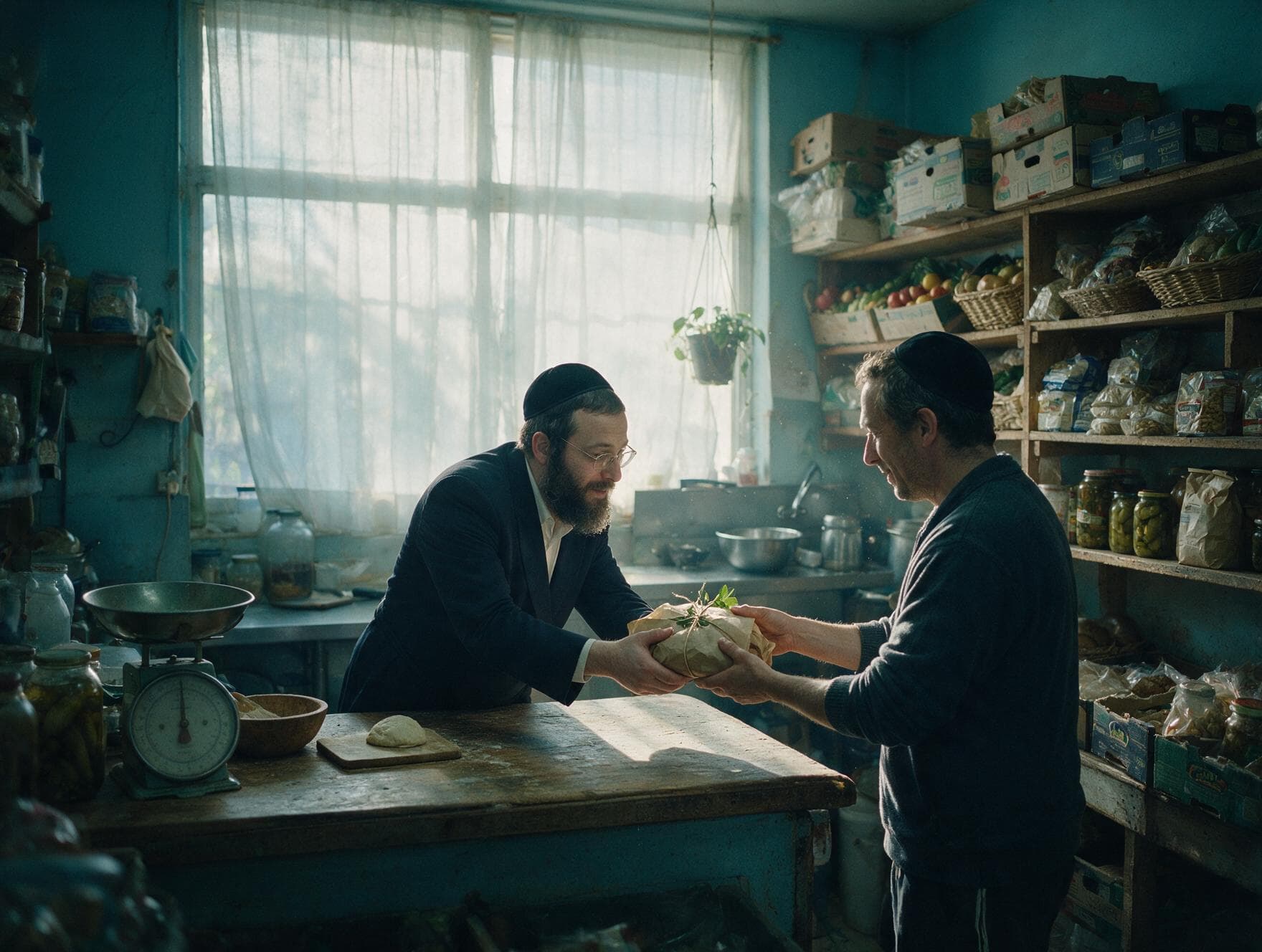 בעל עסק חב״די מעניק מוצר ללקוח בעסק קהילתי