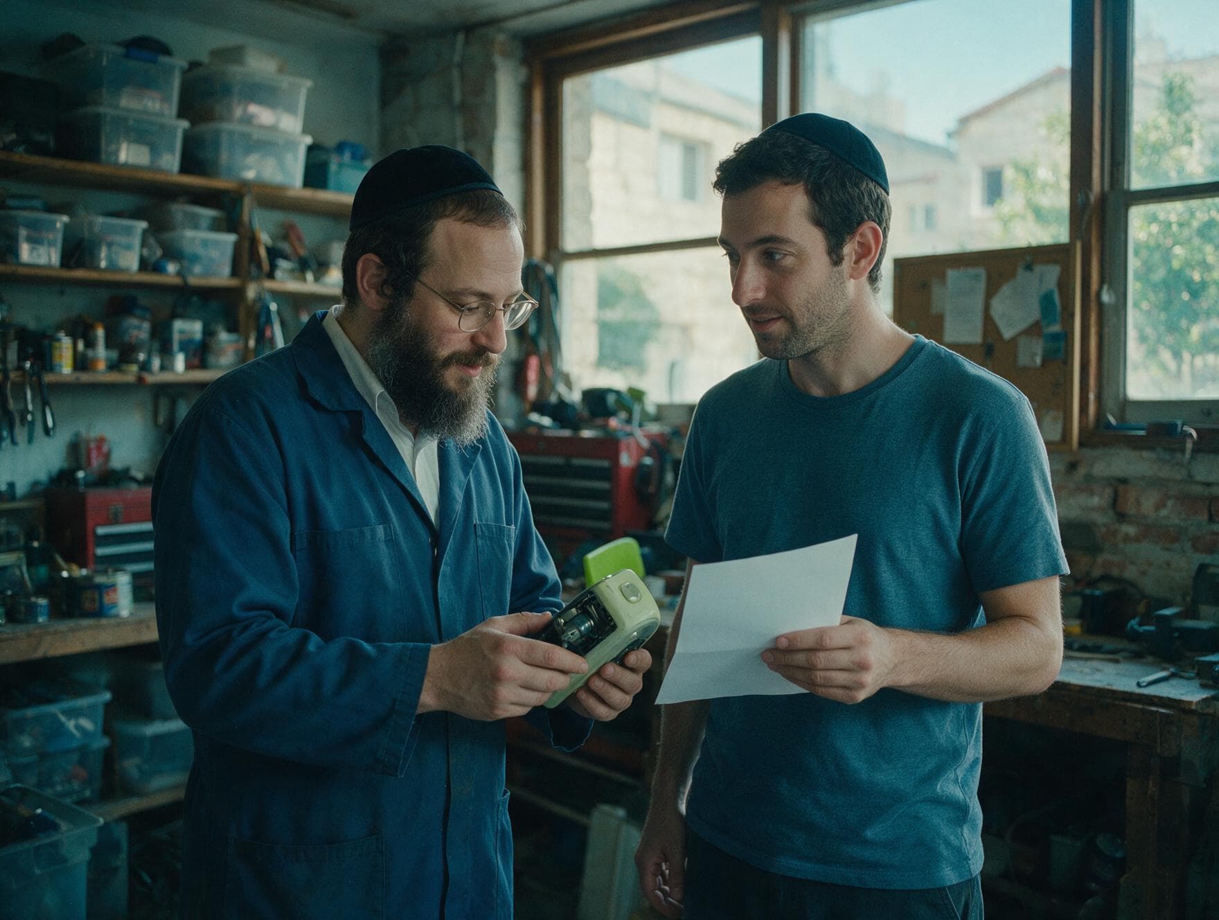 בעלי מקצוע חב״דים בוחנים יחד עבודה בבית מלאכה
